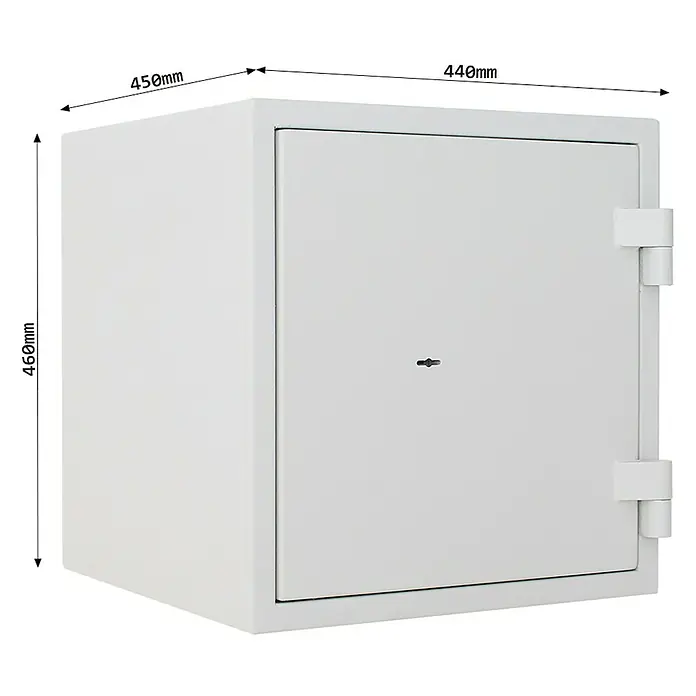 Rottner Feuerschutztresor Fire Safe - 45 x 44 x 46 cm, Doppelbart-Hochsicherheitsschloss - Bild eines weißen Tresors mit den Maßen 450 mm Tiefe, 440 mm Breite und 460 mm Höhe.