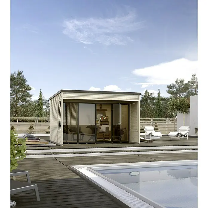 Weka Gartenhaus Cubilis 2.0 - Außenmaß inkl. Dachüberstand (B x T): 388 x 494 cm, Holz, Natur - Moderne Gartensauna mit Pool. Die Holzsauna bietet Entspannung und Wellness im eigenen Garten, direkt am Schwimmbecken.