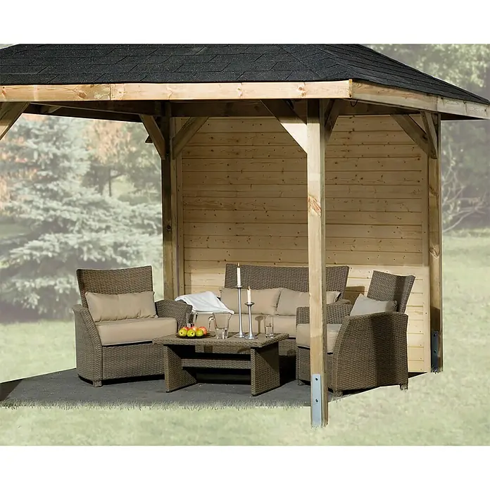 Weka Wandelement - Passend für: Weka Pavillon Gartenoase 651, Gr. 2 - Elegante Gartenlaube mit komfortablen Rattansesseln und Couchtisch, ideal für entspannte Stunden im Freien.