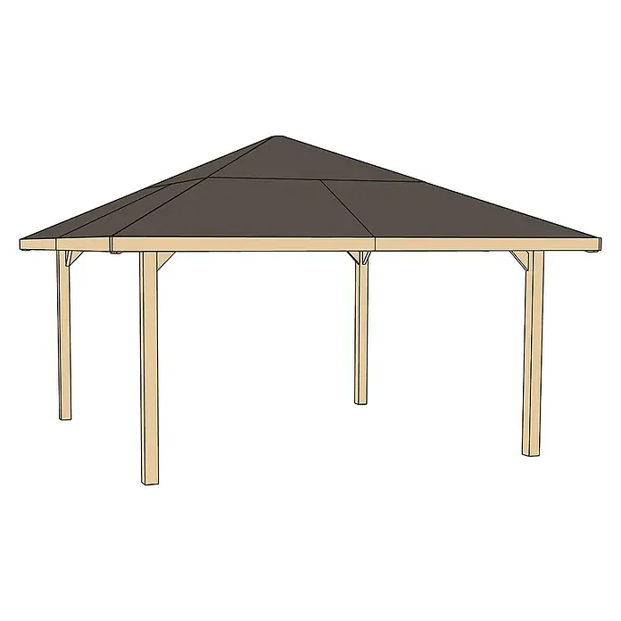Weka Pavillon Gartenoase 651 A - L x B: 480 x 480 cm, Mit H-Ankerset - Abbildung eines Pavillons mit einem dunklen Dach und hellen Holzstützen, ideal für den Garten oder die Terrasse. Das Design ist schlicht und modern.