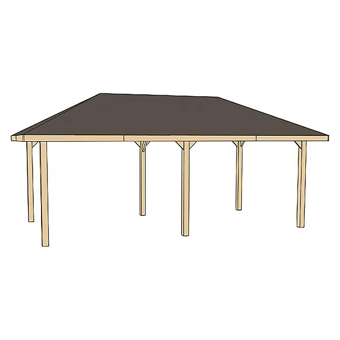Weka Pavillon Gartenoase 651 B - L x B: 678 x 380 cm - Illustration eines Gartenpavillons mit dunklem Dach, gestützt durch helle Holzpfosten. Ideal für den Außenbereich.