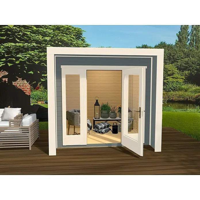 Weka Gartenhaus 263Außenmaß inkl. Dachüberstand (B x T): 245 x 250 cm, Holz, Grau, 5,62 m² - Das Bild zeigt ein modernes Gartenhaus mit geöffneten Glastüren, das zum Entspannen einlädt. Die Einrichtung ist stilvoll und einladend.