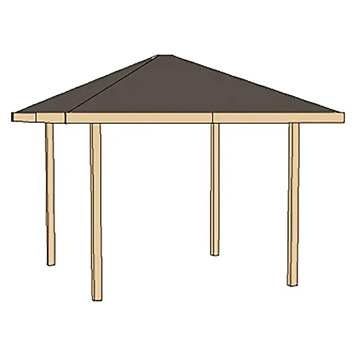 Weka Pavillon Gartenoase 651 - L x B: 380 x 380 cm - Bild eines Pavillons mit einem dunklen Dach und hellen Holzpfosten, ideal für den Garten oder die Terrasse.