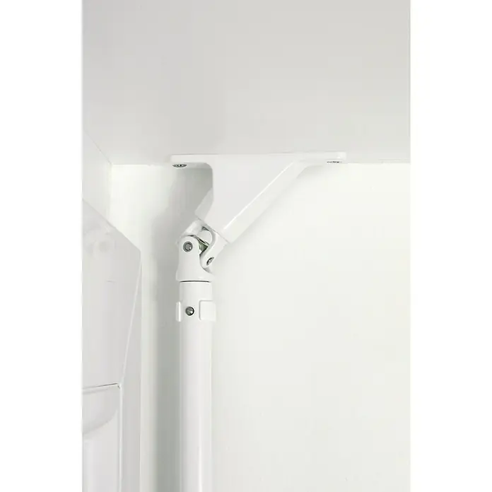 Schellenberg Gelenklagerplatte - Schwenkbereich: 90 °, Lochabstand: 73 mm, B x H: 23 x 85 mm - Nahaufnahme einer weißen Halterung mit Gelenk und Stange, befestigt an einer Decke oder Oberfläche. Die elegante Konstruktion sorgt für Stabilität und Flexibilität.