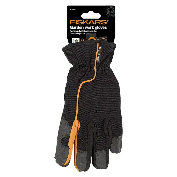 Fiskars Gartenhandschuhe - 8, Schwarz/Orange - Abgebildet ist ein einzelner Gartenhandschuh von FISKARS, ideal für Gartenarbeiten, präsentiert mit seiner Verpackung.