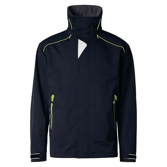 Marinepool Segeljacke Borneo - XXXL, Herren, Schwarz - Abgebildete dunkelblaue CMP-Jacke mit hohem Kragen, gelben Akzenten und reflektierenden Details für erhöhte Sichtbarkeit bei Outdoor-Aktivitäten.