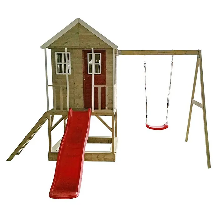 Wendi Toys Spielhaus Alpaka - Glas, Natur/Rot - Kinderspielplatz mit Spielhaus, Rutsche und Schaukel für stundenlangen Spielspaß im Freien.