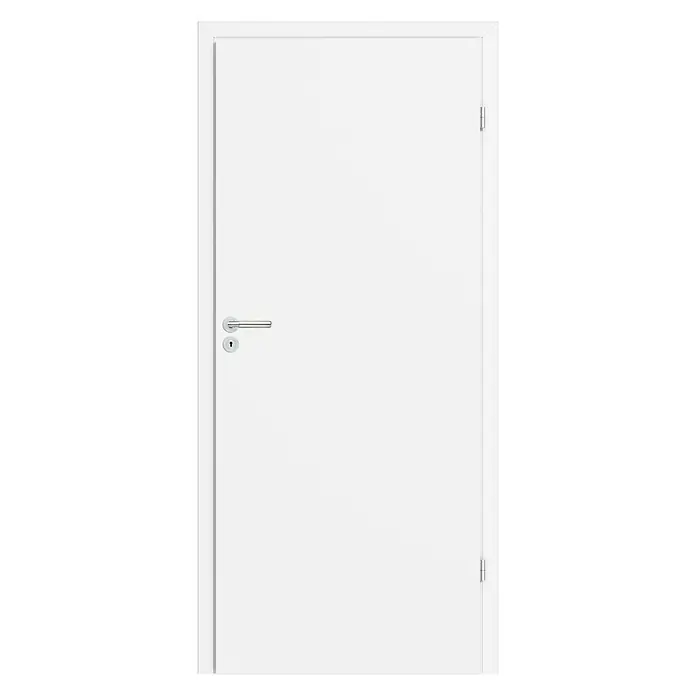 Classen PL Zimmertür - 985 x 1.985 mm, DIN Anschlag: Rechts, Monari Weiß, Wabe - Hier ist eine Nahaufnahme einer modernen, weißen Innentür mit einem schlanken, silbernen Türgriff und einem minimalistischen Design.