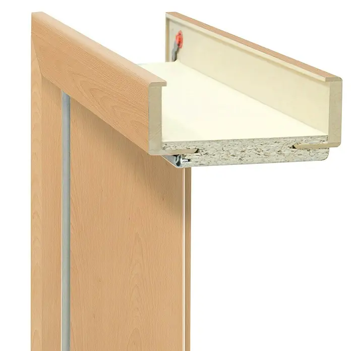 Classen PL Türzarge - 860 x 1.985 mm, Wandstärke: 95 mm, DIN Anschlag: Rechts, Buche - Detailaufnahme eines Schranks, der die Holzstruktur und die Beschläge des Möbelstücks hervorhebt.