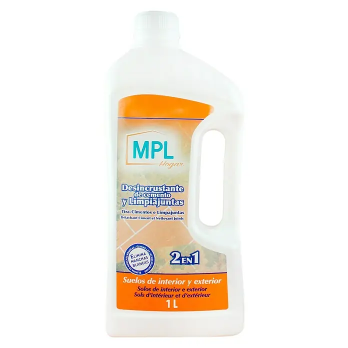 MPL Eliminador de cemento y limpiajuntas - 1 l, Botella - Botella de limpiador de cemento y juntas MPL Hogar, 1L, para la limpieza de suelos interiores y exteriores, elimina manchas blancas.