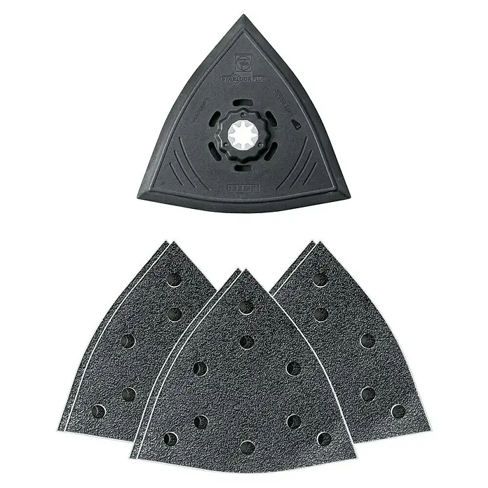 Fein Starlock Plus Schleifblatt-Set - 7 Stk., 7 -tlg., Körnung: 60 mm - 80 mm - Produktabbildung einer dreieckigen Schleifplatte mit Klettfixierung und drei Schleifpapieren mit Löchern.