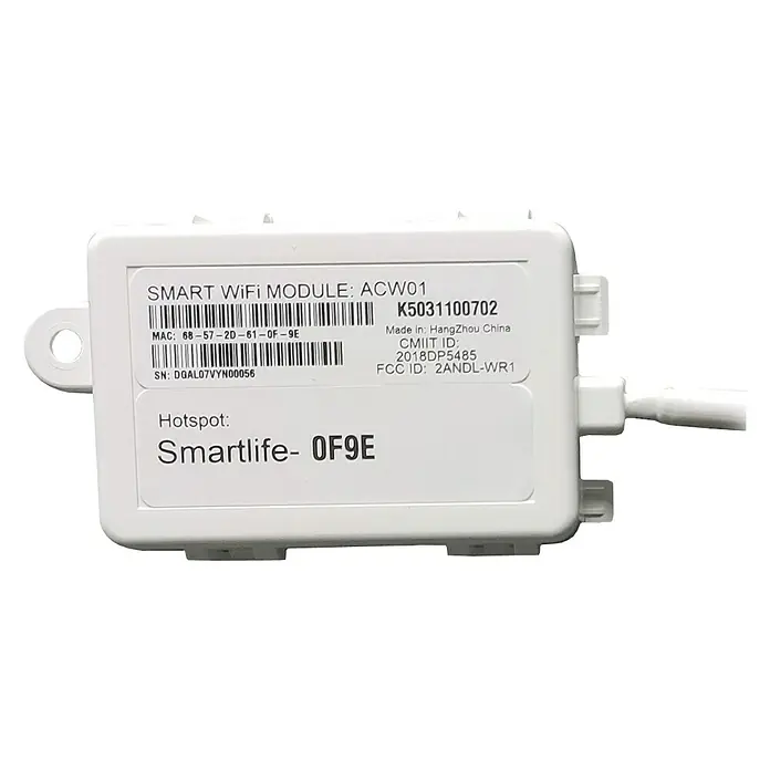 HTW Módulo USB WiFi para IX80 y Vela de 9K y 12K - IX80 y Vela de 9K y 12K, Blanco - Primer plano de un módulo Smart WiFi ACW01 que muestra información del producto como MAC y FCC ID en una etiqueta blanca.