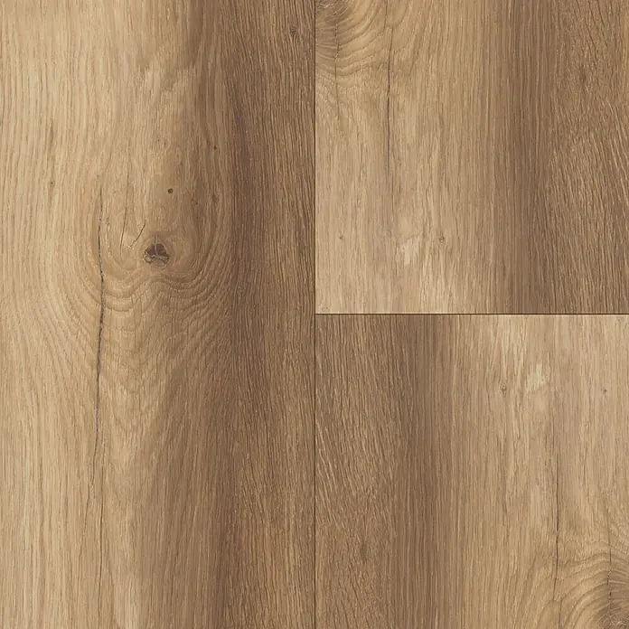 MyStyle MyArt Laminatmuster Wild West Oak - 200 x 195 x 12 mm, Landhausdiele - Nahaufnahme von vier Paneelen eines Laminatbodens in hellbrauner Holzoptik mit Astloch und Maserung für ein realistisches Aussehen.
