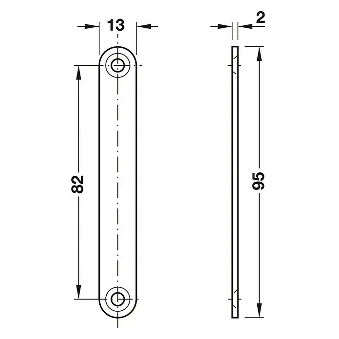 Suki Cierre magnético - Fuerza de adherencia: 12 kg, An x Al: 17 x 86 mm, Zinc fundido - Dibujo técnico de un herraje para muebles con dimensiones de ancho (13 mm), grosor (2 mm) y longitud total (82/95 mm).