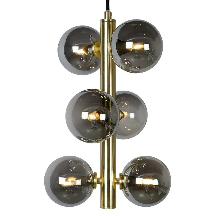 Lucide Tycho Pendelleuchte - L x B x H: 25,5 x 25,5 x 150 cm, Gold - Elegante Hängeleuchte mit sechs rauchfarbenen Glaskugeln, die an einem goldenen Gestell befestigt sind. Stilvolle Beleuchtung für jedes Interieur.