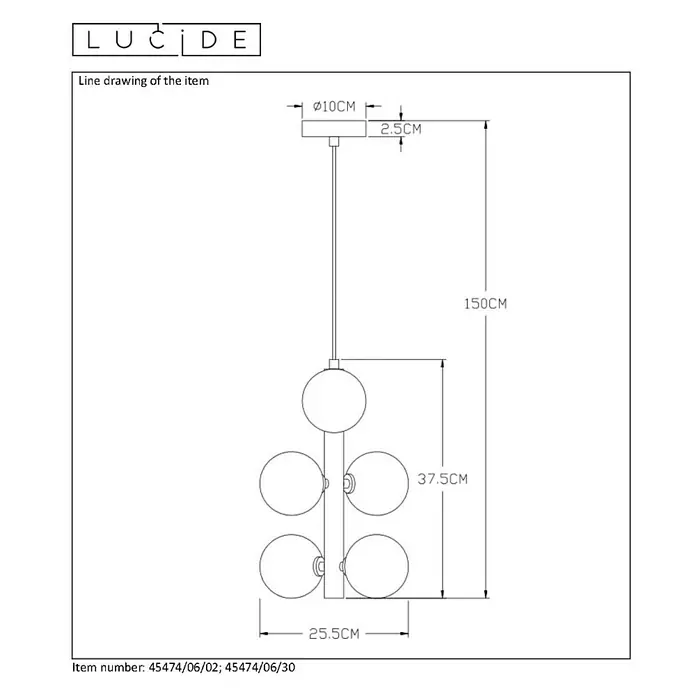 Lucide Tycho Pendelleuchte - L x B x H: 25,5 x 25,5 x 150 cm, Gold - Technische Zeichnung der Pendelleuchte mit Abmessungen und Artikelnummern für Installationsdetails.