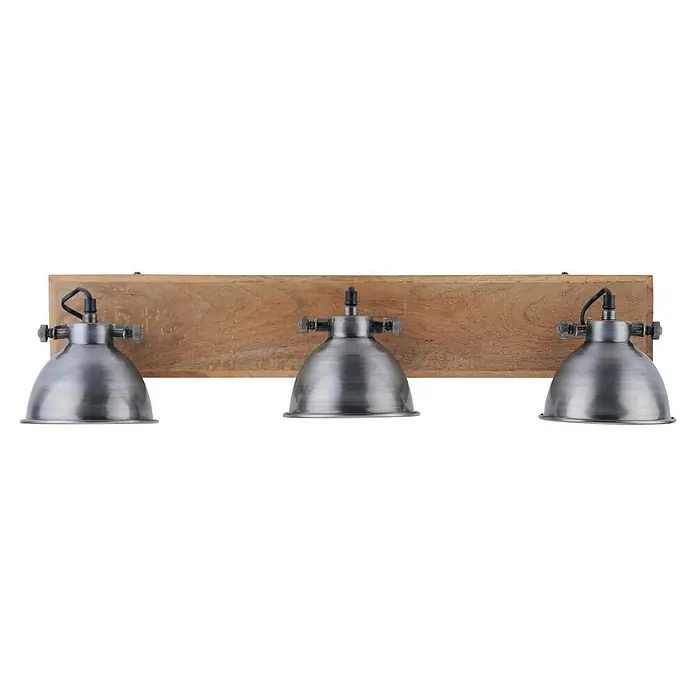 Just Light Samia Deckenstrahler - 120 W, L x B x H: 71 x 16 x 22,5 cm, Eisen, Braun, E14 - Wandleuchte mit drei Lampen im industriellen Design. Die Lampen haben Metallschirme und sind an einer Holzplatte befestigt.