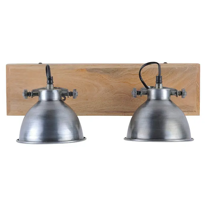 Just Light Samia Deckenstrahler - 80 W, L x B x H: 44 x 22 x 22 cm, Eisen, Braun, E14 - Wandleuchte mit zwei Lampen und Holzsockel. Die Lampen sind silbern und haben einen industriellen Look.