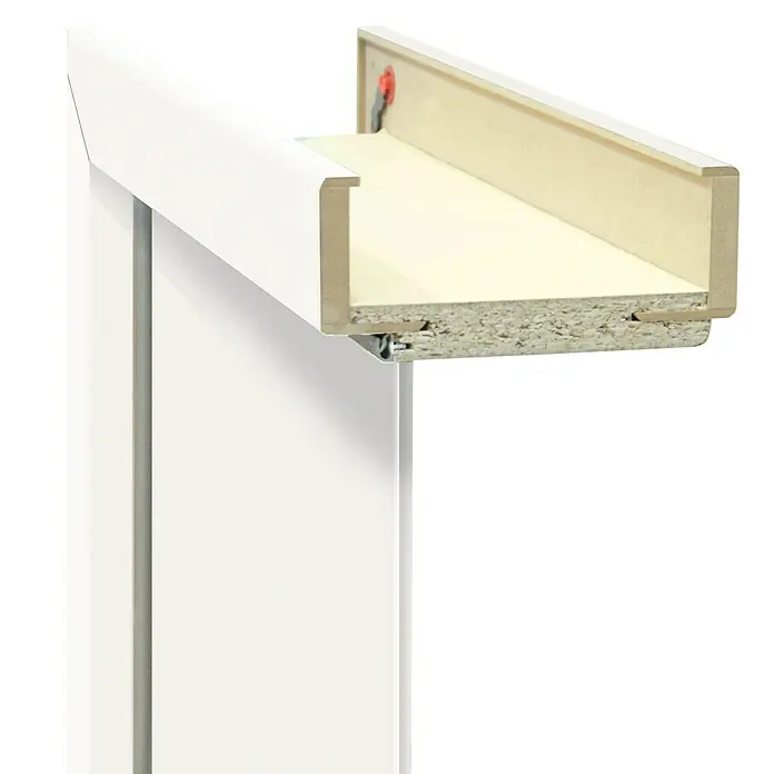 Classen PL Türzarge - 735 x 1.985 mm, Wandstärke: 200 mm, DIN Anschlag: Links, Monari Weiß - Detailaufnahme eines weißen Türrahmens mit sichtbarem Querschnitt, der die Materialzusammensetzung und Konstruktion des Rahmens zeigt.