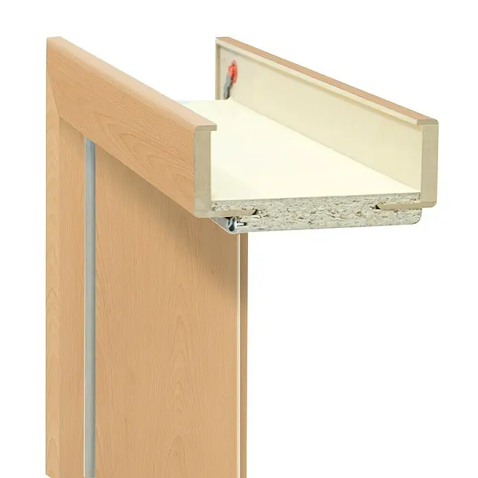 Classen PL Türzarge - 860 x 1.985 mm, Wandstärke: 120 mm, DIN Anschlag: Links, Buche - Nahaufnahme eines Schranksystems mit Schublade, das die Holzstruktur und die Auszugsmechanik hervorhebt.