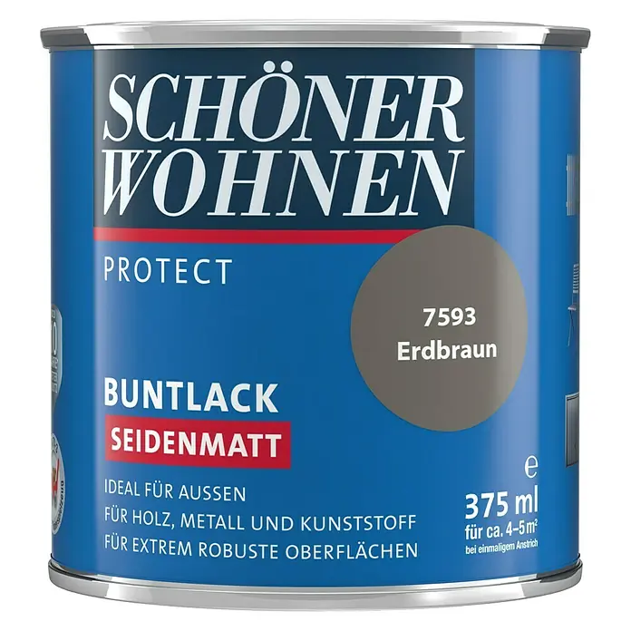 SCHÖNER WOHNEN-Farbe Protect Buntlack - Erdbraun, Seidenmatt, 375 ml, Lösemittelbasiert - Farbdose "Schöner Wohnen Protect Buntlack Seidenmatt" in Erdbraun. Ideal für Holz, Metall und Kunststoff, mit 375ml Inhalt.