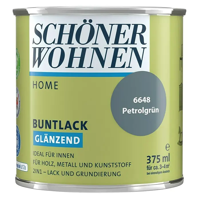 SCHÖNER WOHNEN-Farbe Home Buntlack - Petrolgrün, Glänzend, 375 ml, Wasserbasiert - Dose "Schöner Wohnen Home" Buntlack glänzend, Farbe Petrolgrün, 375ml. Ideal für Holz, Metall und Kunststoff im Innenbereich. 2in1 Lack und Grundierung.