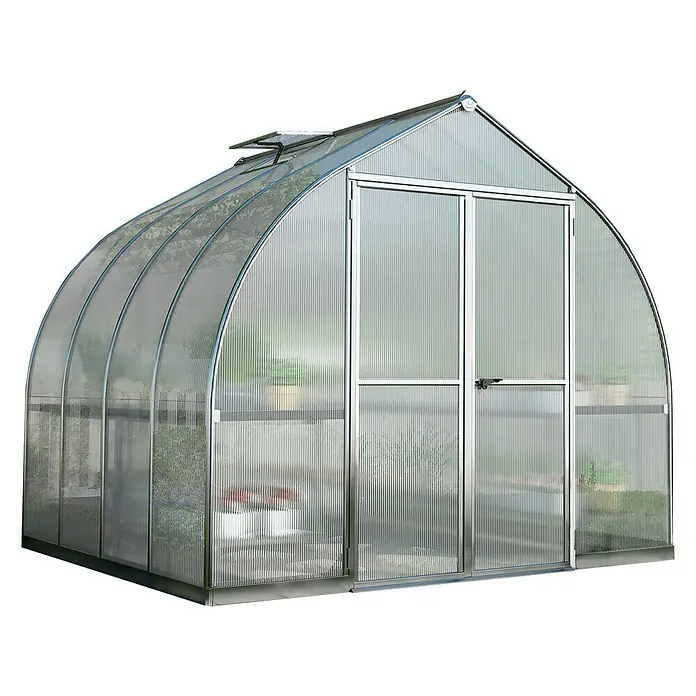 Palram – Canopia Gewächshaus Bella - Außenmaß inkl. Dachüberstand (B x T): 244 x 367 cm, 6 mm, Silber - Bild eines Gewächshauses aus Polycarbonat mit silbernem Rahmen, das für den Gartenbau konzipiert ist und Pflanzen Schutz bietet.