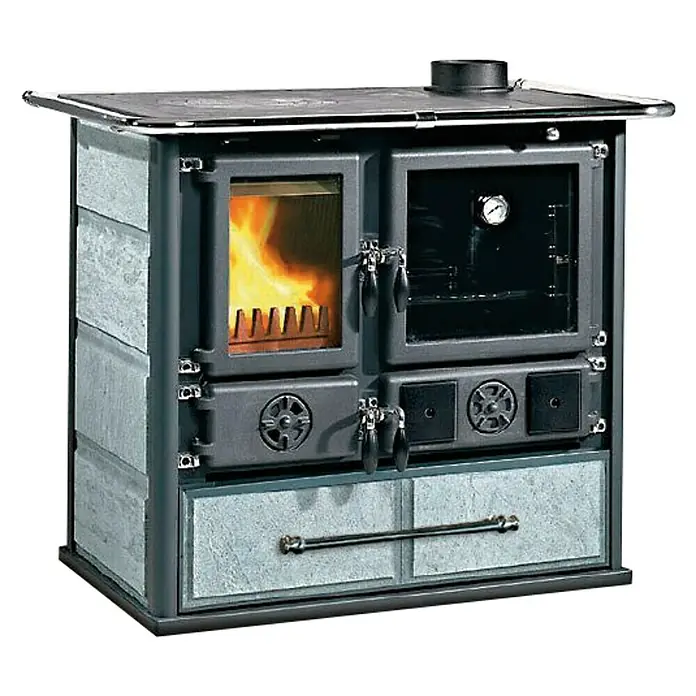 La Nordica Küchenherd Rosa - 6,5 kW, Raumheizvermögen: 185 m³, Mit Holzfach, Schwarz/Serpentino - Abgebildeter Holzofen mit Kochfeld, Backofen und Schubladen in Steinoptik. Ein optisches Highlight mit effizienter Heizleistung.