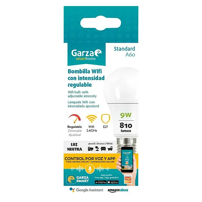 Garza Smart Home Bombilla LED - E27, Intensidad regulable, Blanco neutro, 810 lm, 9 W - Paquete de bombilla LED inteligente Garza A60 de 9W y 810 lúmenes, regulable y controlable mediante app y asistente de voz.