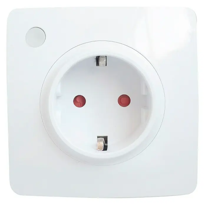 Garza Smart Home Enchufe inteligente - Blanco, 2 Polos + Toma Tierra, Plástico, Montaje en la pared - Toma de corriente blanca con abertura redonda y pequeño botón en la parte superior izquierda para uso doméstico.