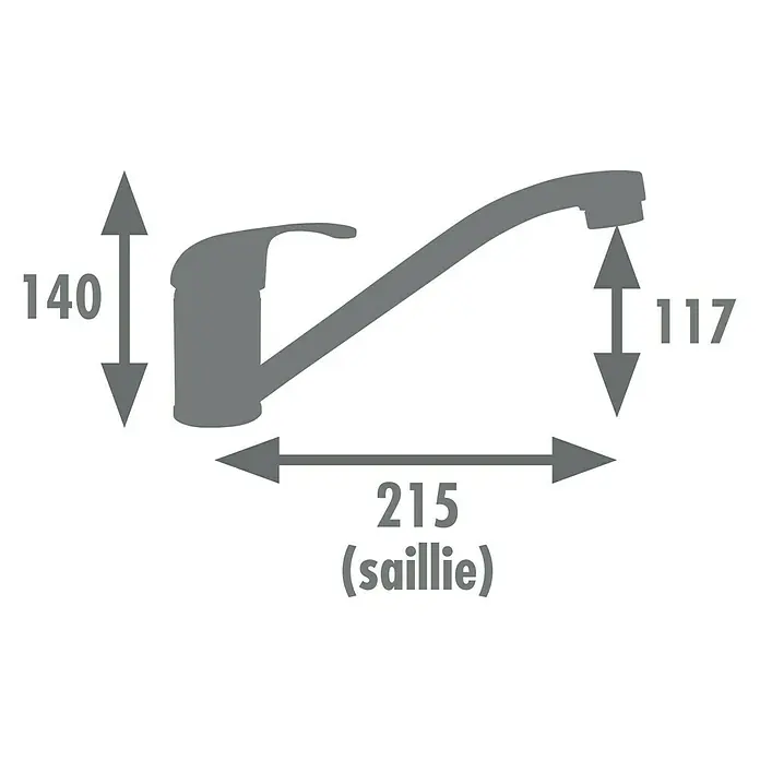 Rousseau Grifo de cocina Cardiff - Negro, Mate - Esquema de un grifo con dimensiones (altura 140 mm, proyección 215 mm, altura caño 117 mm).