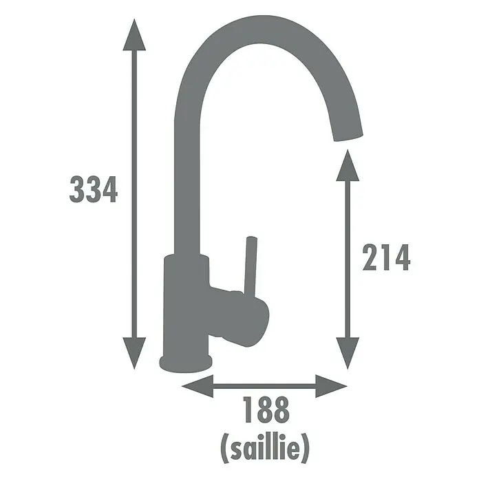 Rousseau Grifo de cocina Ilo - Oro - Ilustración de un grifo de cocina con dimensiones altura 334, proyección 188 y altura del grifo 214.