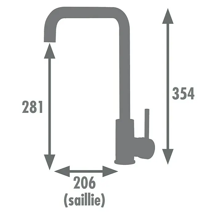 Rousseau Grifo de cocina Soto - Negro - Dibujo técnico de un grifo con dimensiones para altura y proyección, mostrado en escala de grises.