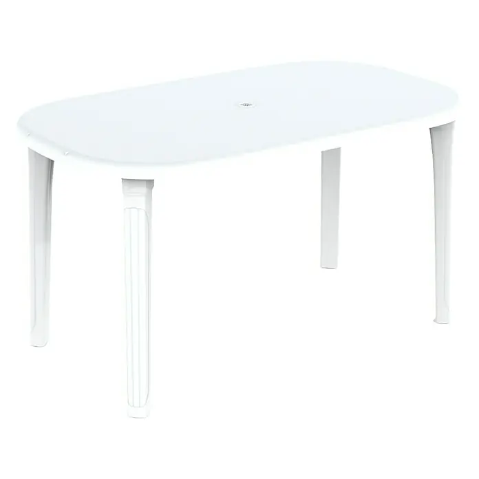 Mesa de jardín Cancún - L x An x Al: 140 x 80 x 73 cm, Blanco - Mesa de comedor blanca de plástico con tablero ovalado y cuatro patas para uso interior y exterior.