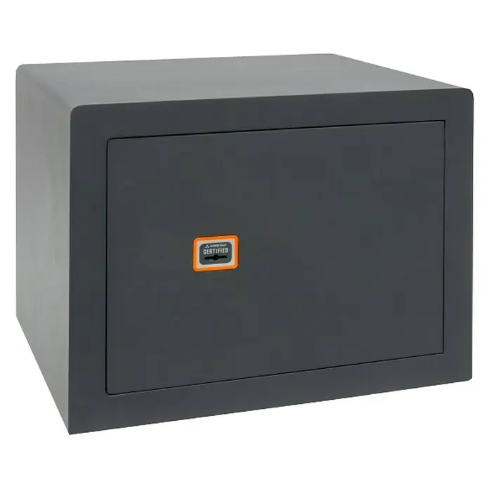 Arregui Caja fuerte Plus C - L x An x Al: 36 x 38,5 x 32 cm, Tipo de bloqueo: Llave, 23 l - Caja fuerte gris con pegatina naranja "Certified", que proporciona seguridad y protección para objetos de valor.