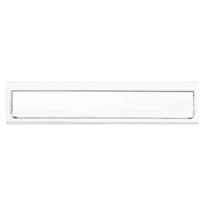 Arregui Bocacartas C-613 - L x An x Al: 34,2 x 7,3 x 2 cm, Acero, Blanco - Primer plano de una ranura de correo blanca, ideal para puertas de entrada, asegurando una recepción de correo segura y elegante.