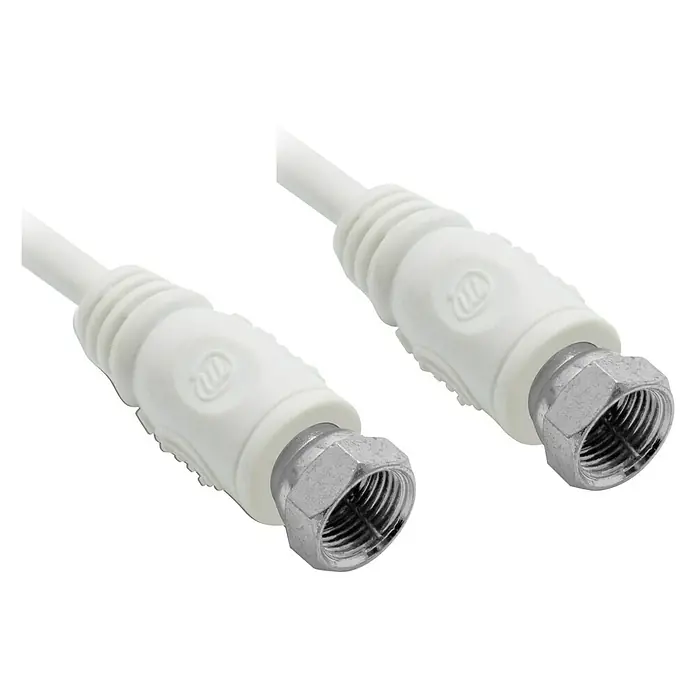 Metronic Cable coaxial M-M - 2 m, Blanco - Primer plano de un cable coaxial blanco con conectores F en ambos extremos, ideal para conexiones de TV y antena.