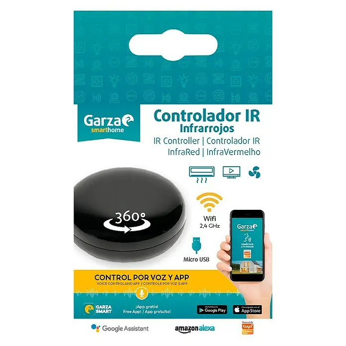 Garza Smart Home Controlador inteligente WiFi - 35 m, Iluminación LED - Embalaje del controlador IR Garza Smart Home, mostrando la imagen del producto, sus funciones y los logos de asistente de voz.