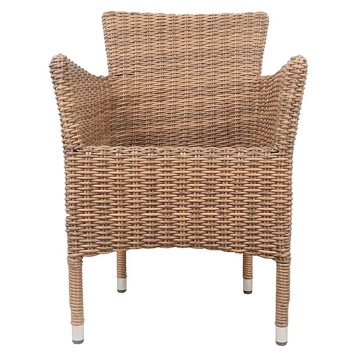 Sillón de jardín Rouen - An x Pr x Al: 59 x 61,5 x 87 cm, Marrón, Ratán sintético, Apilable - Sillón de mimbre de ratán natural con reposabrazos y respaldo alto, apto para uso interior y exterior.
