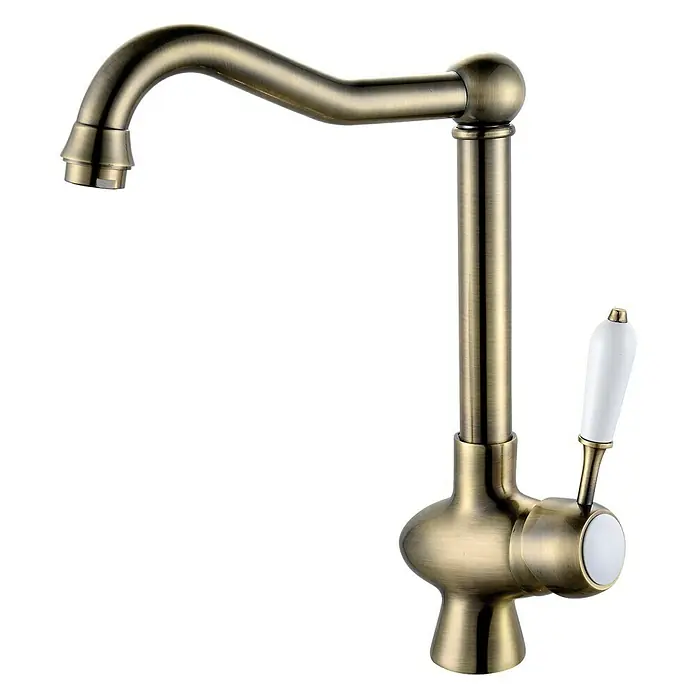 Rousseau Grifo de cocina Cook - Bronce - Grifo de cocina nostálgico con caño curvo y mango blanco, que añade un toque elegante a la cocina.