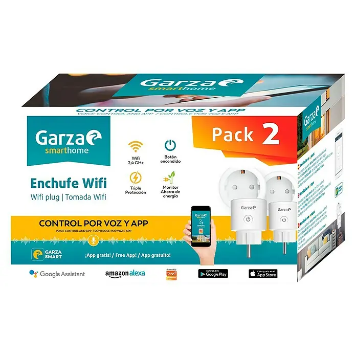 Garza Smart Home Enchufe inteligente Wifi Pack - Para interior, IP20, Blanco, 3.680 W, 2 ud. - Paquete de dos enchufes WiFi inteligentes Garza Smarthome, compatibles con Google Assistant y Amazon Alexa.