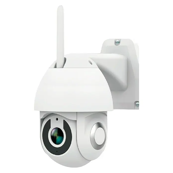 Garza Cámara de vigilancia Smart Wifi -  - Cámara de seguridad PTZ blanca con antena y soporte de pared para uso en exteriores para vigilancia de seguridad.