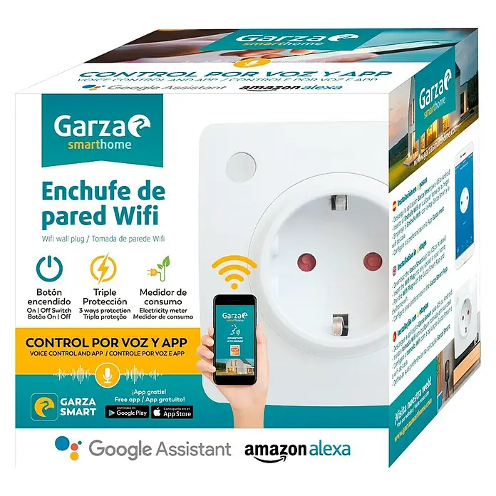 Garza Smart Home Enchufe inteligente - Blanco, 2 Polos + Toma Tierra, Plástico, Montaje en la pared - Paquete del producto para un enchufe inteligente de pared WiFi Garza con control por voz a través de Google Assistant y Amazon Alexa.