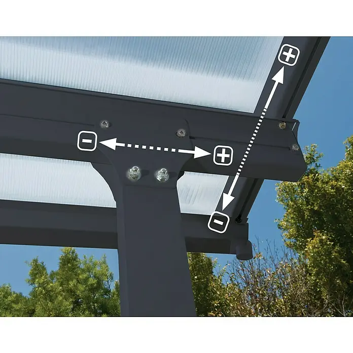 Terrassenüberdachung Tuscany LED - B x T: 546 x 300 cm, Anthrazitgrau, Polycarbonat, Transparent - Nahaufnahme eines Metallpavillons, der die architektonischen Details und die Konstruktion des Outdoor-Struktur hervorhebt.