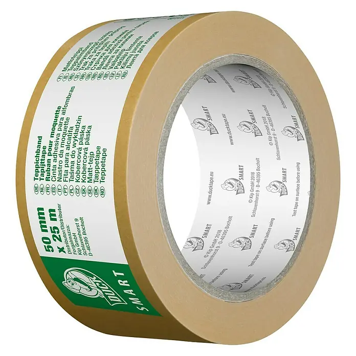 Duck Smart Verlegeband Teppichband - 25 m x 50 mm, Beidseitig selbstklebend, Geeignet für: Teppiche - Abbildung einer Rolle Duck Smart Teppichband, 50mm x 25m, ideal zum Verlegen und Fixieren von Teppichen und Teppichböden.