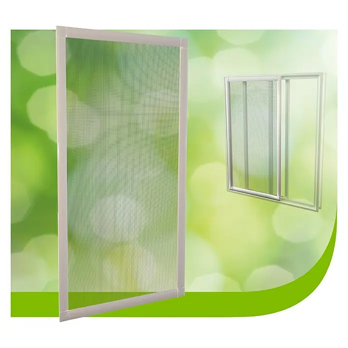 Mosquitera para ventana corredera - An x Al: 90 x 150 cm, Montaje de la mosquitera: Inserción, Color bastidor: Blanco - La imagen muestra un primer plano de dos mosquiteras blancas con malla fina sobre un fondo bokeh.