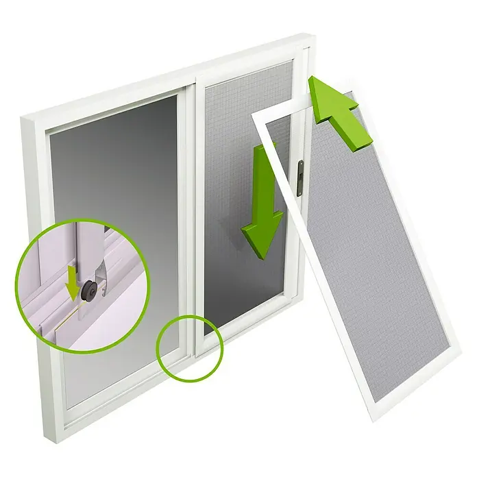 Mosquitera para ventana corredera - An x Al: 90 x 150 cm, Montaje de la mosquitera: Inserción, Color bastidor: Blanco - Ilustración de una ventana corredera blanca con una mosquitera adjunta. La inserción de la mosquitera se aclara con flechas verdes.