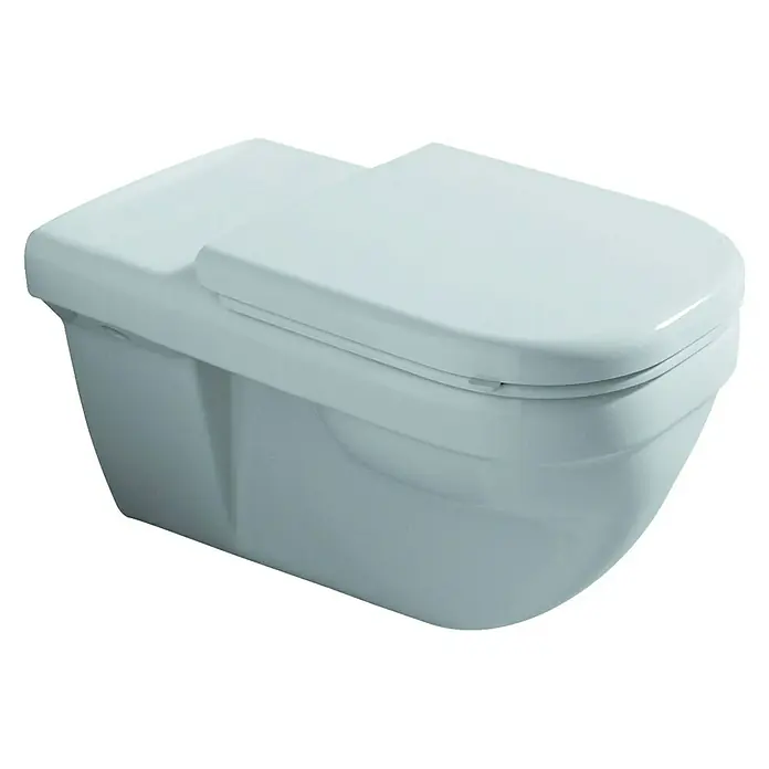 Geberit Renova Comfort Wand-WC - Mit Spülrand, Ohne Spezialglasur, Spülform: Flach, WC Abgang: Waagerecht, Weiß - Das Bild zeigt eine moderne, wandhängende Toilette in einem hellen Farbton, die durch ihr schlichtes und elegantes Design besticht.