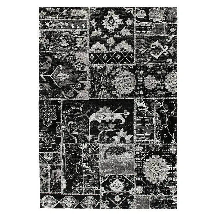 Kayoom Flachgewebeteppich River 150 - Schwarz/Grau, 150 x 80 cm, 70 % Baumwolle, 30 % Polyester - Ein rechteckiger Patchwork-Teppich in Schwarz und Grau mit verschiedenen Mustern für eine stilvolle Bodendekoration.