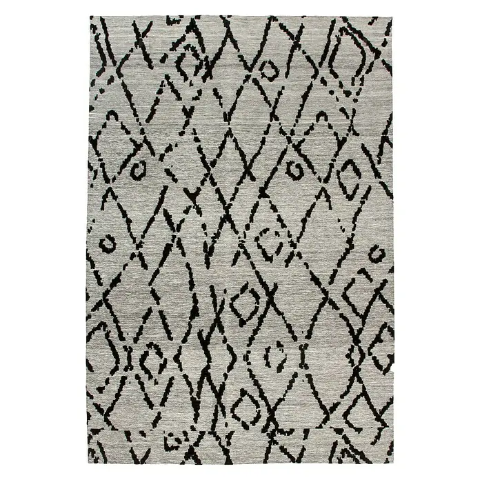 Kayoom Flachgewebeteppich River 110 - Grau/Schwarz, 170 x 120 cm, 70 % Baumwolle, 30 % Polyester - Grauer Teppich mit einem geometrischen Rautenmuster in Schwarz, perfekt für ein modernes Wohnambiente.